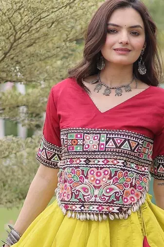 Maroon and Parrot Roman Kutchi Gamthi Work Blouse With Gota & Mirror Work Flared Lehenga