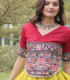 Maroon and Parrot Roman Kutchi Gamthi Work Blouse With Gota & Mirror Work Flared Lehenga