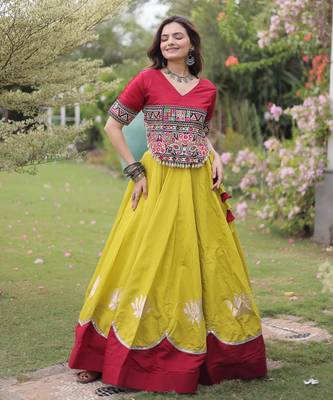 Maroon and Parrot Roman Kutchi Gamthi Work Blouse With Gota & Mirror Work Flared Lehenga 1