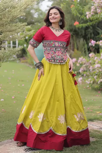 Maroon and Parrot Roman Kutchi Gamthi Work Blouse With Gota & Mirror Work Flared Lehenga
