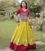 Maroon and Parrot Roman Kutchi Gamthi Work Blouse With Gota & Mirror Work Flared Lehenga