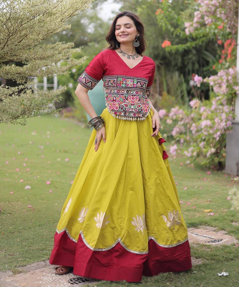Maroon and Parrot Roman Kutchi Gamthi Work Blouse With Gota & Mirror Work Flared Lehenga