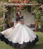 Black and White Roman Kutchi Gamthi Work Blouse With Gota & Mirror Work Flared Lehenga