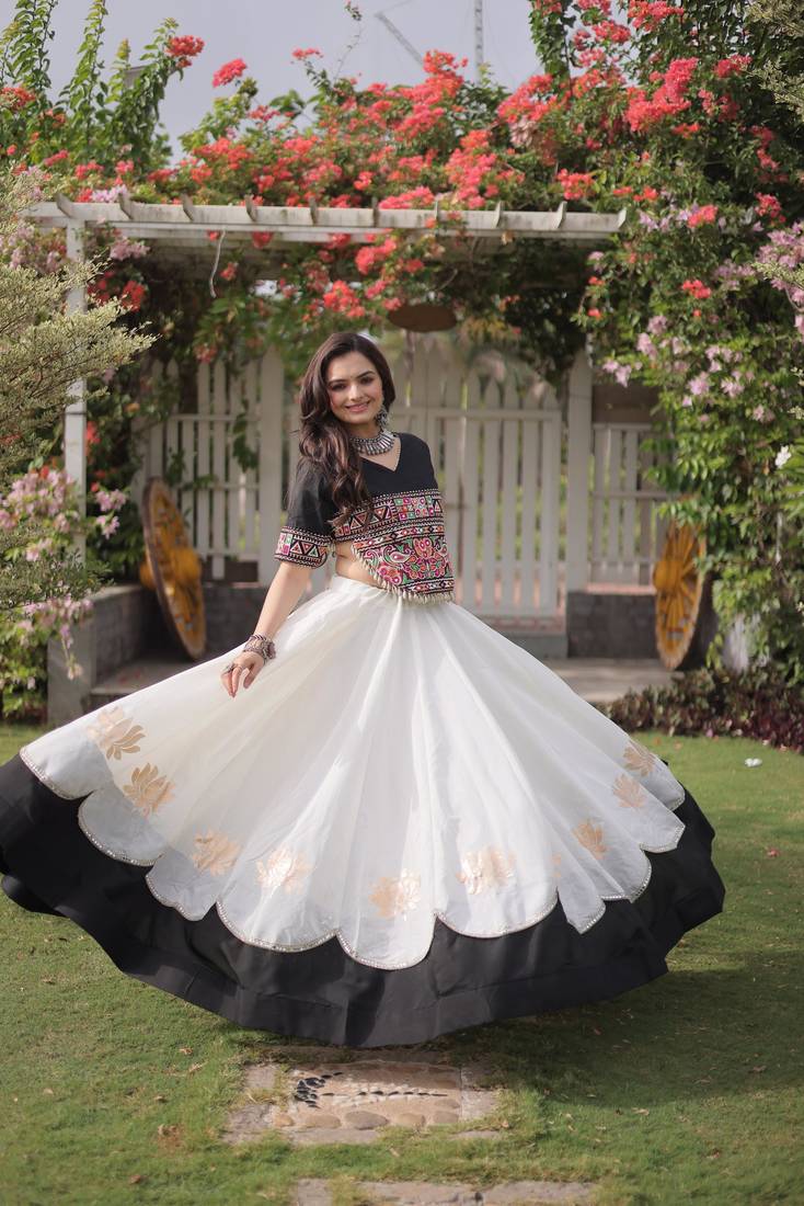 Black and White Roman Kutchi Gamthi Work Blouse With Gota & Mirror Work Flared Lehenga