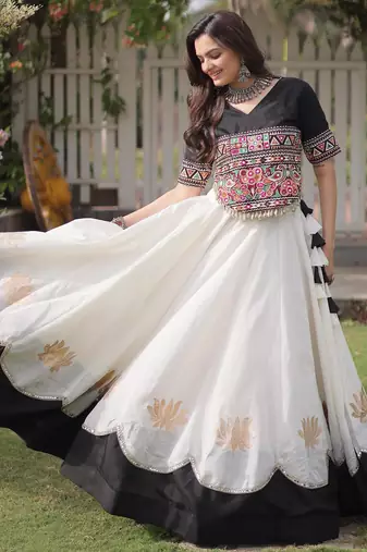 Black and White Roman Kutchi Gamthi Work Blouse With Gota & Mirror Work Flared Lehenga