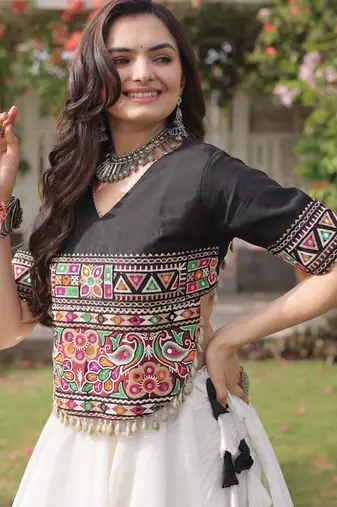 Black and White Roman Kutchi Gamthi Work Blouse With Gota & Mirror Work Flared Lehenga