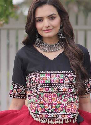Black and Maroon Roman Kutchi Gamthi Work Blouse With Gota & Mirror Work Flared Lehenga 2