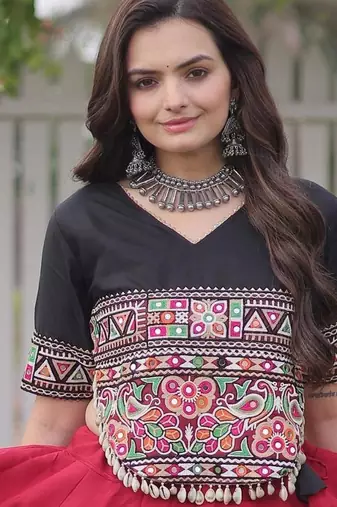 Black and Maroon Roman Kutchi Gamthi Work Blouse With Gota & Mirror Work Flared Lehenga