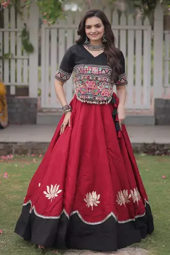 Black and Maroon Roman Kutchi Gamthi Work Blouse With Gota & Mirror Work Flared Lehenga