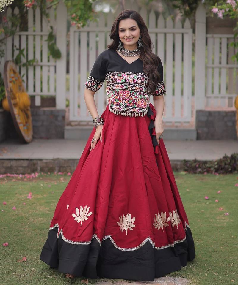 Black and Maroon Roman Kutchi Gamthi Work Blouse With Gota & Mirror Work Flared Lehenga