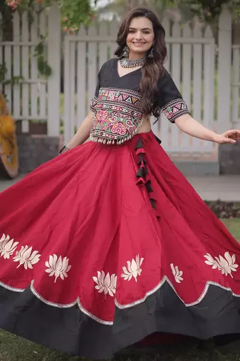 Black and Maroon Roman Kutchi Gamthi Work Blouse With Gota & Mirror Work Flared Lehenga
