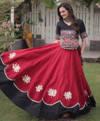 Black and Maroon Roman Kutchi Gamthi Work Blouse With Gota & Mirror Work Flared Lehenga 4