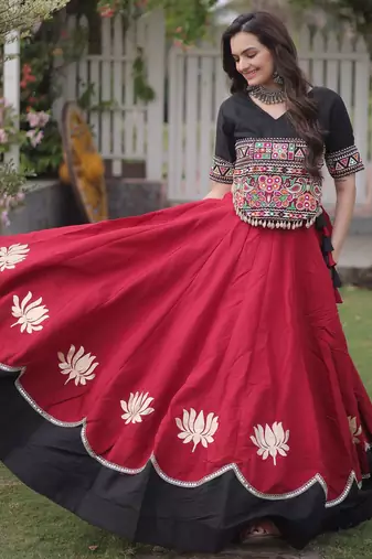 Black and Maroon Roman Kutchi Gamthi Work Blouse With Gota & Mirror Work Flared Lehenga