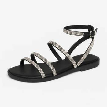 Black rhinestone faux leather tie-up flats for women 3