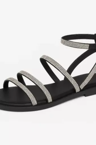 Black rhinestone faux leather tie-up flats for women