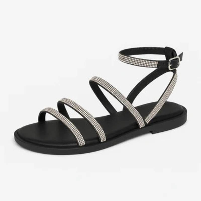 Black rhinestone faux leather tie-up flats for women