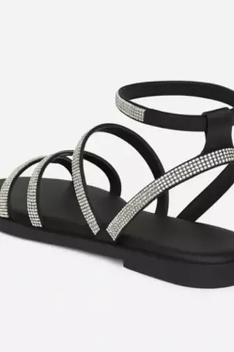 Black rhinestone faux leather tie-up flats for women