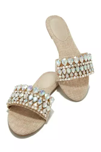 Tan crystal embellished faux leather jute flats for women
