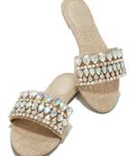 Tan crystal embellished faux leather jute flats for women