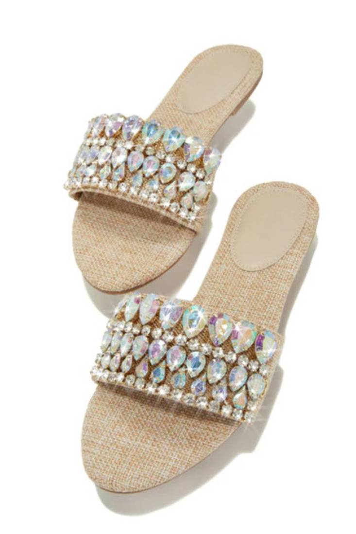 Tan crystal embellished faux leather jute flats for women