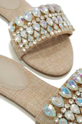 Tan crystal embellished faux leather jute flats for women 3