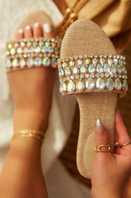 Tan crystal embellished faux leather jute flats for women 4