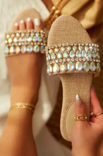 Tan crystal embellished faux leather jute flats for women