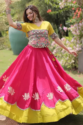 Parrot and Pink Roman Kutchi Gamthi Work Blouse With Gota & Mirror Work Flared Lehenga