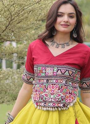Maroon and Parrot Roman Kutchi Gamthi Work Blouse With Gota & Mirror Work Flared Lehenga 5