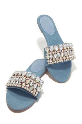 Blue crystal embellished faux leather denim flats for women 1