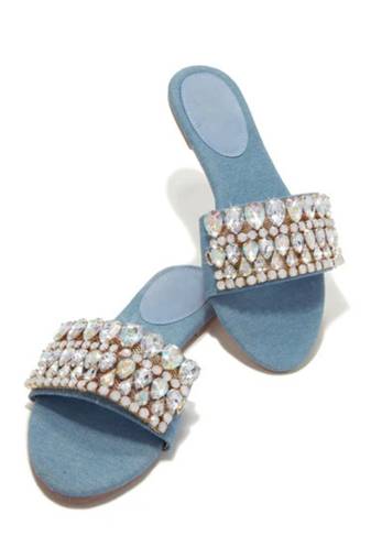 Blue crystal embellished faux leather denim flats for women