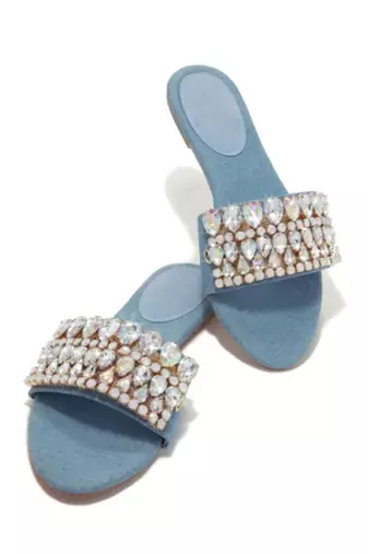 Blue crystal embellished faux leather denim flats for women