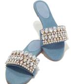 Blue crystal embellished faux leather denim flats for women