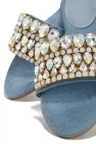 Blue crystal embellished faux leather denim flats for women
