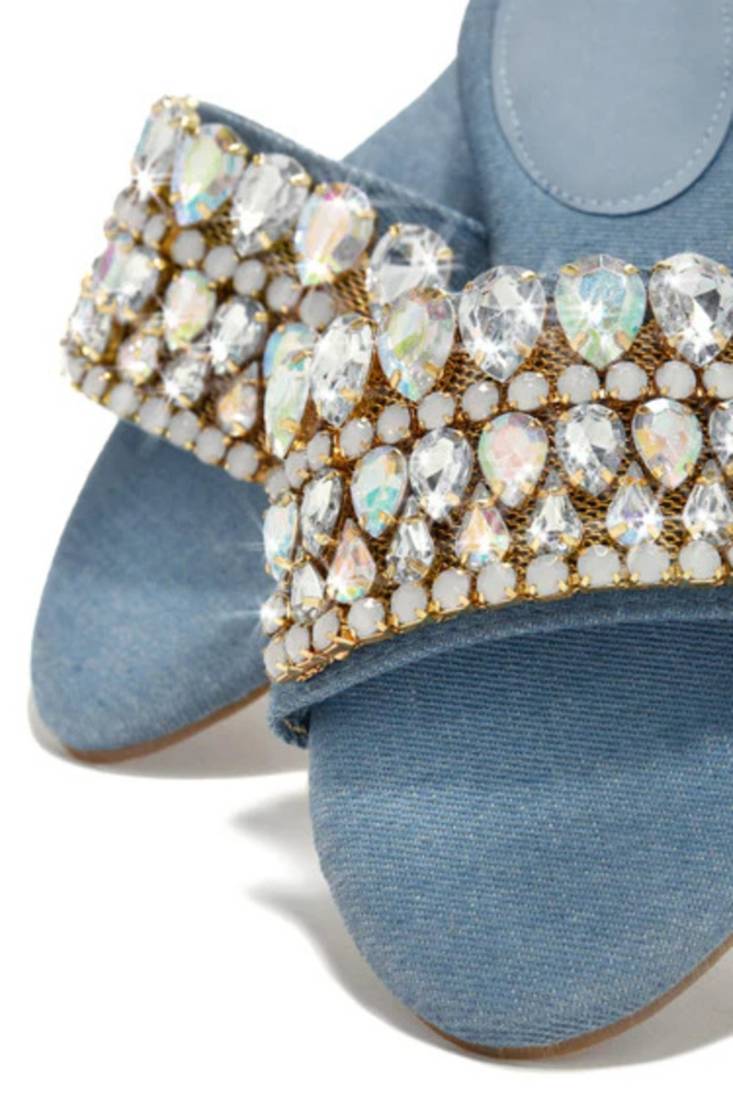 Blue crystal embellished faux leather denim flats for women