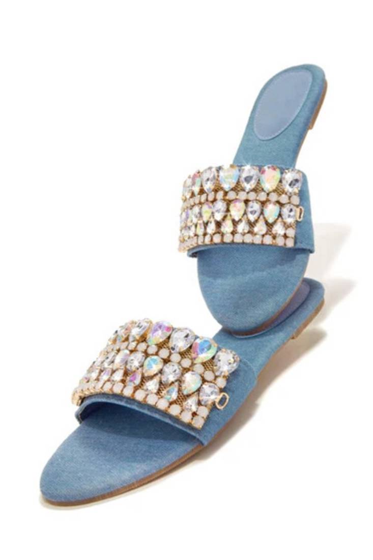 Blue crystal embellished faux leather denim flats for women