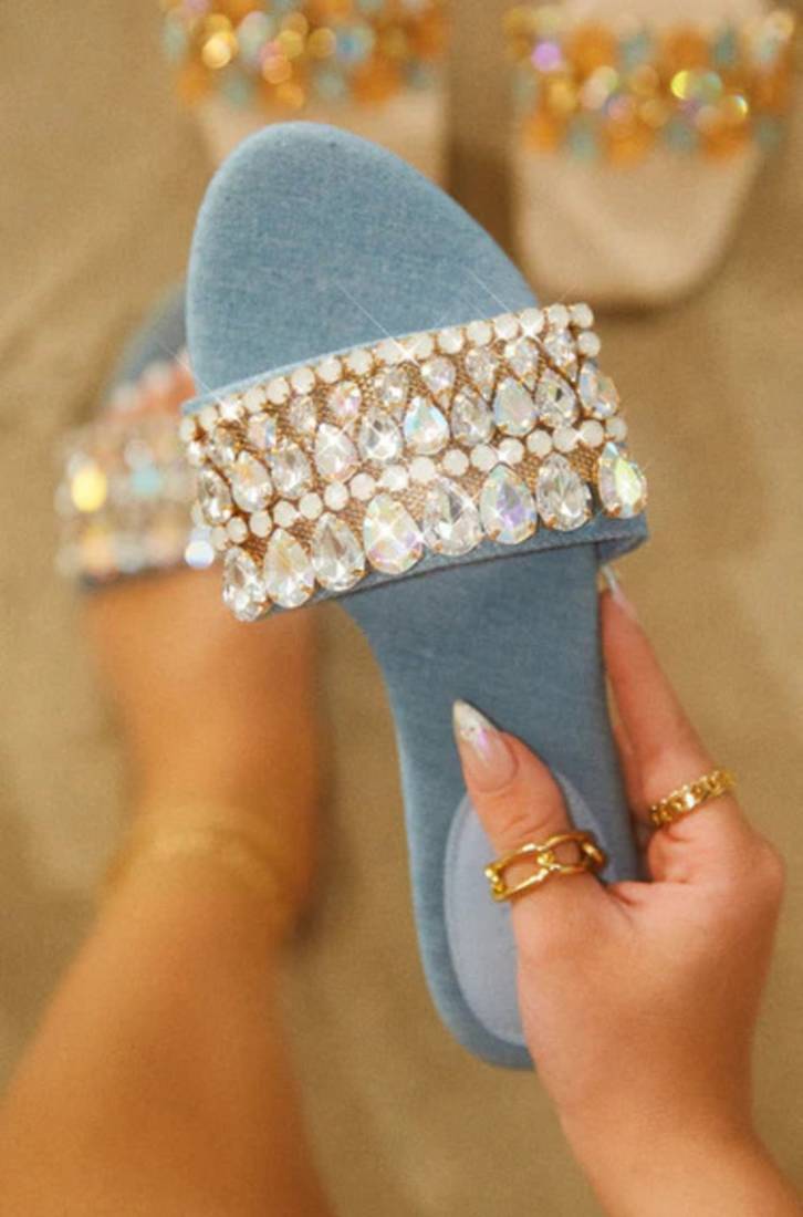 Blue crystal embellished faux leather denim flats for women