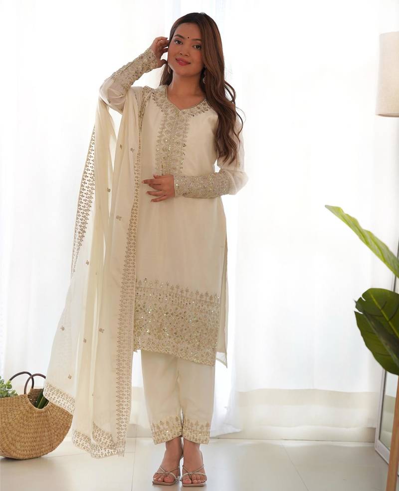 Women's Gorgeous Embroidery Work Chinon Silk Fabric Straight Kurta Pant and Dupatta Set