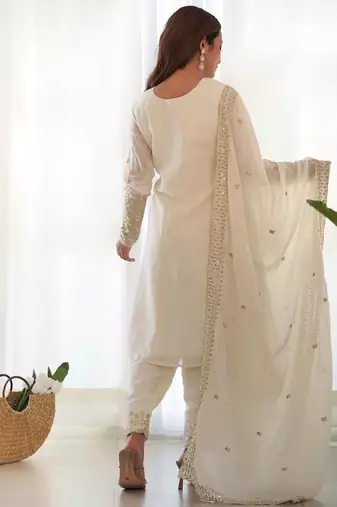 Women's Gorgeous Embroidery Work Chinon Silk Fabric Straight Kurta Pant and Dupatta Set