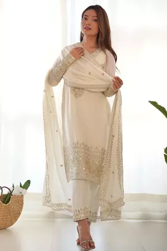 Women's Gorgeous Embroidery Work Chinon Silk Fabric Straight Kurta Pant and Dupatta Set