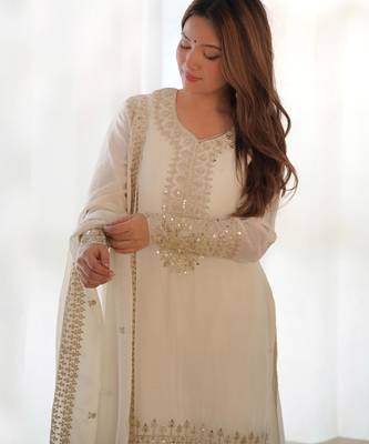 Women's Gorgeous Embroidery Work Chinon Silk Fabric Straight Kurta Pant and Dupatta Set 4