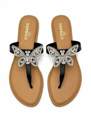 Tan rhinestone faux leather t-strap butterfly flats for women 1