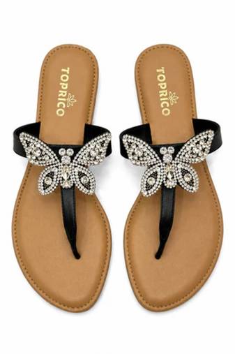 Tan rhinestone faux leather t-strap butterfly flats for women