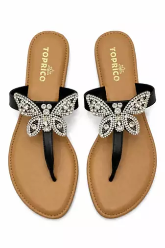 Tan rhinestone faux leather t-strap butterfly flats for women