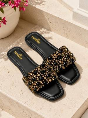 Black crystal embellished faux leather flats for women 1