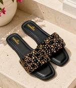 Black crystal embellished faux leather flats for women