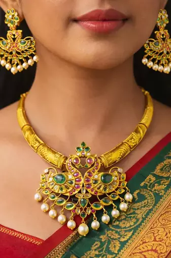 Antique Gold Peacock Necklace Set with Emerald Ruby Pearls – Traditional Indian Bridal Choker