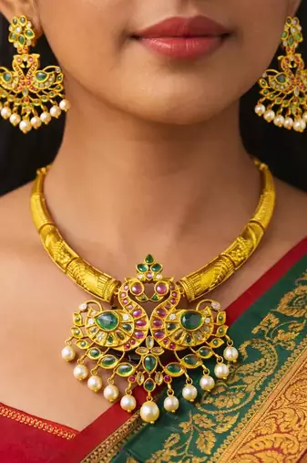 Antique Gold Peacock Necklace Set with Emerald Ruby Pearls – Traditional Indian Bridal Choker