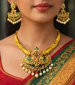 Antique Gold Peacock Necklace Set with Emerald Ruby Pearls – Traditional Indian Bridal Choker