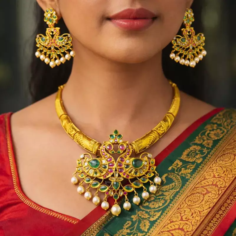 Antique Gold Peacock Necklace Set with Emerald Ruby Pearls – Traditional Indian Bridal Choker